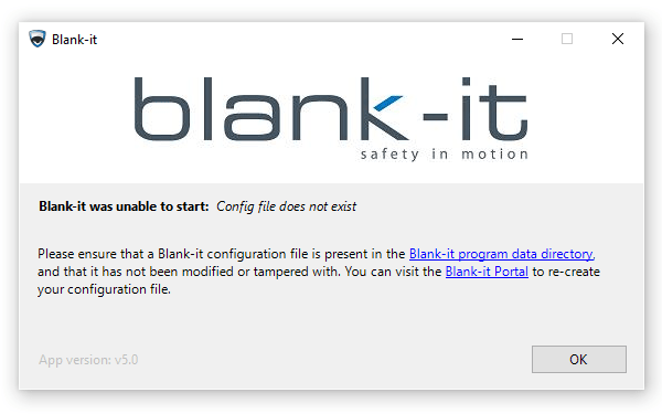 An image showing the 'missing or invalid' config file dialog