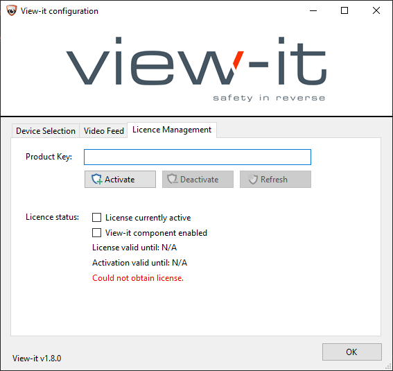 The license management tab, with an invalid license and no product key entered